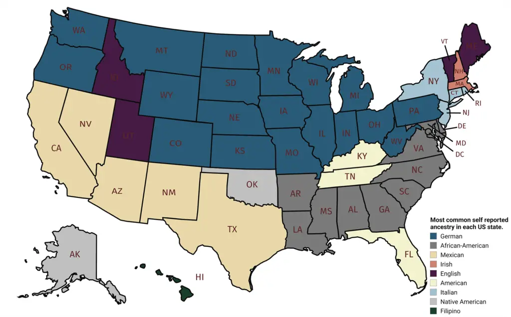 Most common self reported ancestry in each U.S. state.