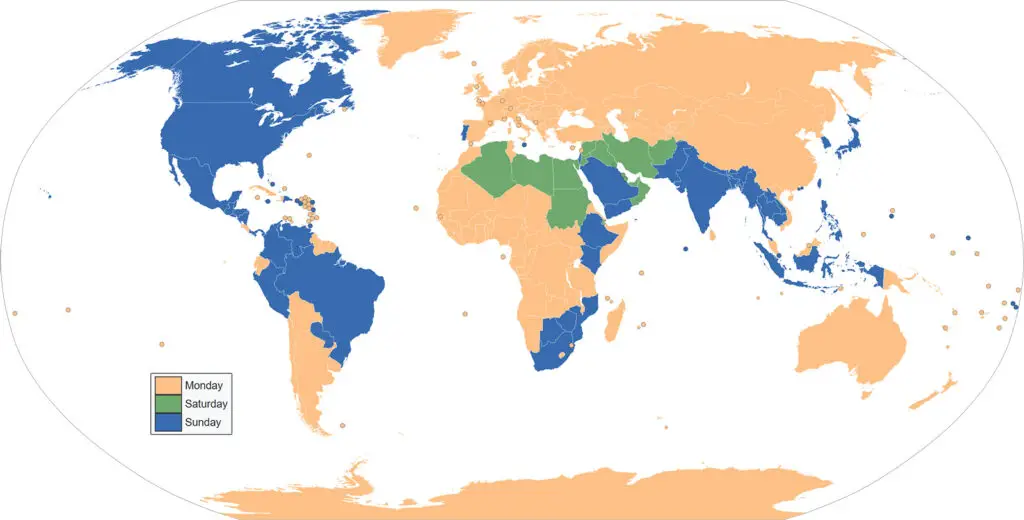 World map of the first day of the week by country