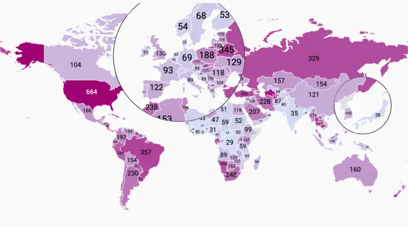 Prisoners per 100,00 population