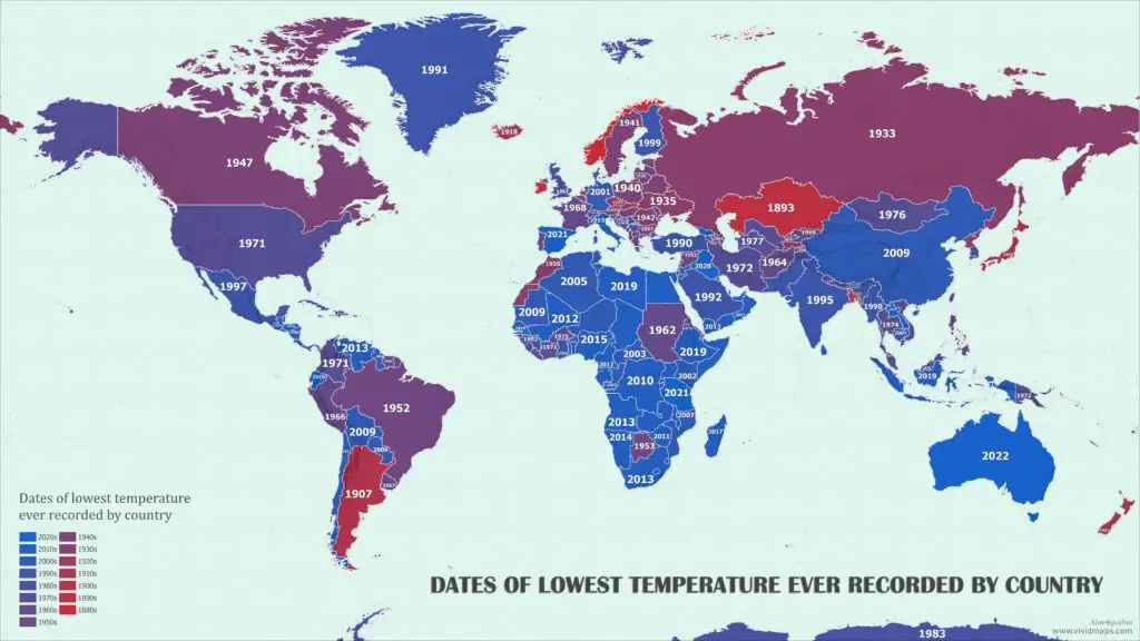 Dates of lowest temperature ever recorded by country mapped