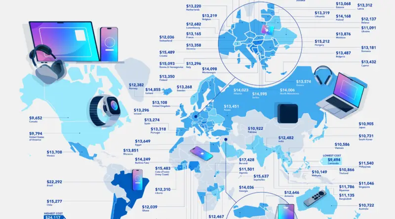 World map of the Cost of Being and Apple superfan in Every Country