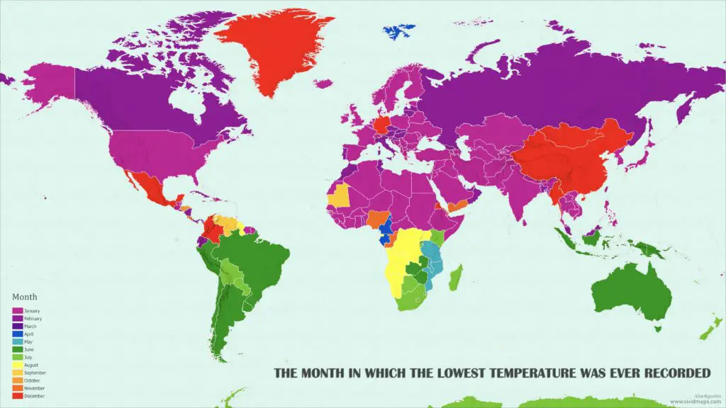 The month in which the lowest temperature was ever recorded (World map)