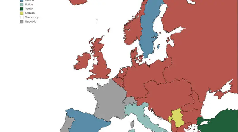 Monarchies in Europe 1914 by origin of the ruling royal families