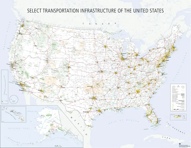 Detailed map poster of transportation system of the U.S.