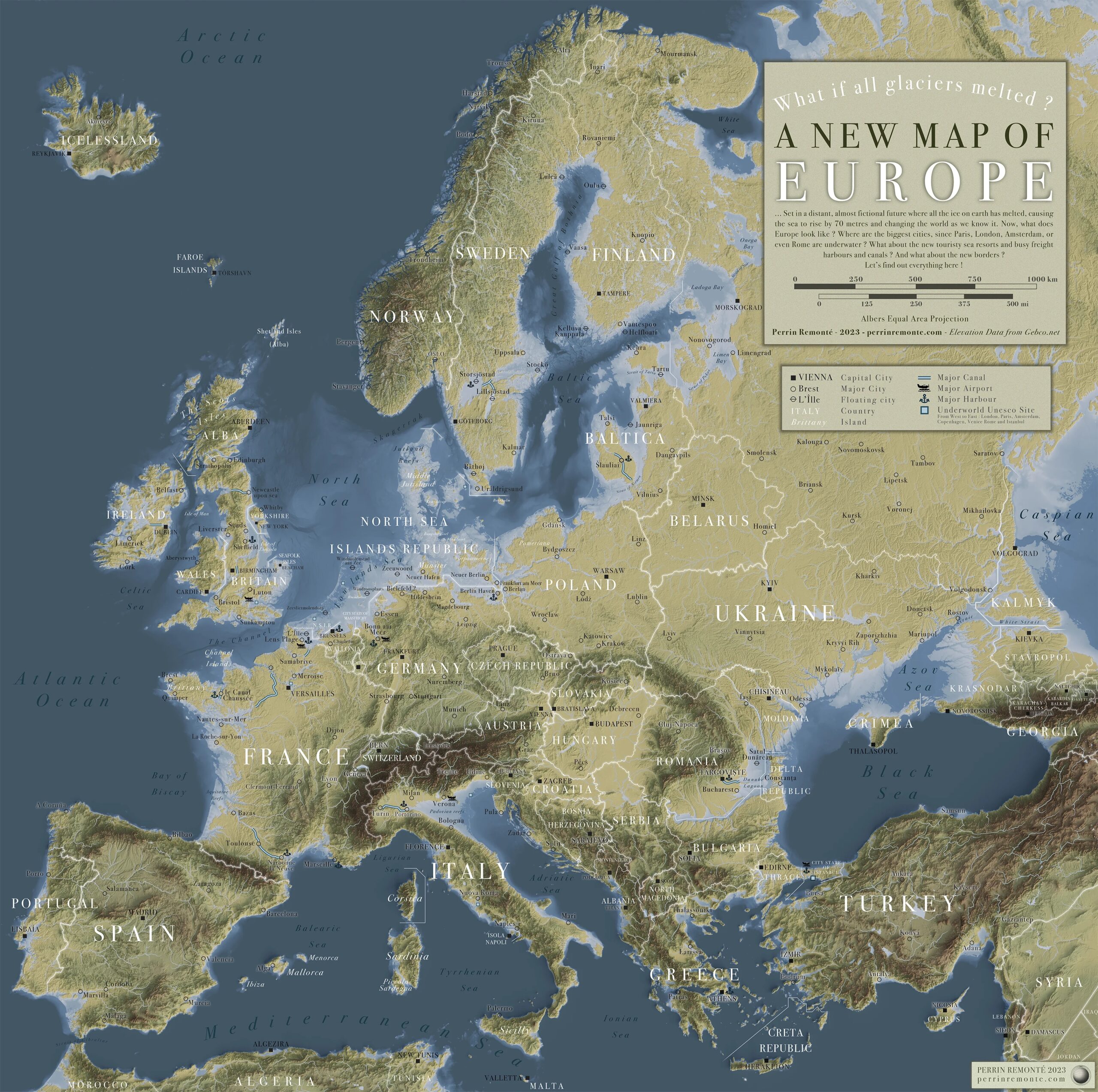 Map of Europe after global sea level rise