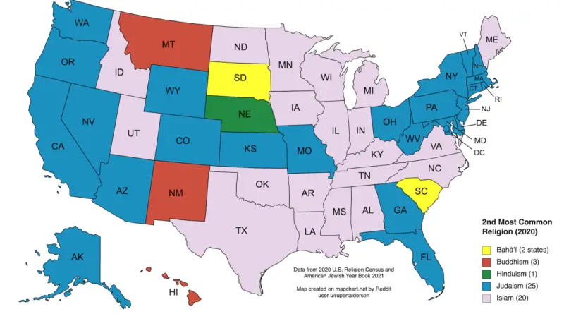 Second most common religion in the United States mapped