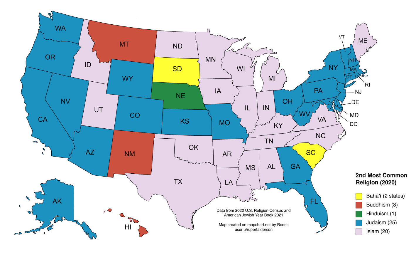 Second most common religion in the United States mapped