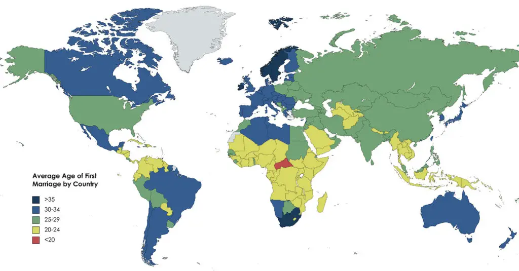 Average Age of First Marriage by Country Mapped - Vivid Maps