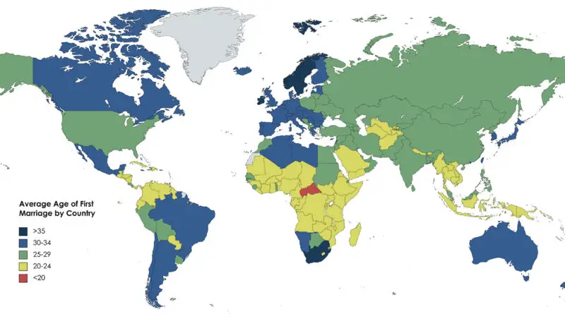 World map of average age of first marriage