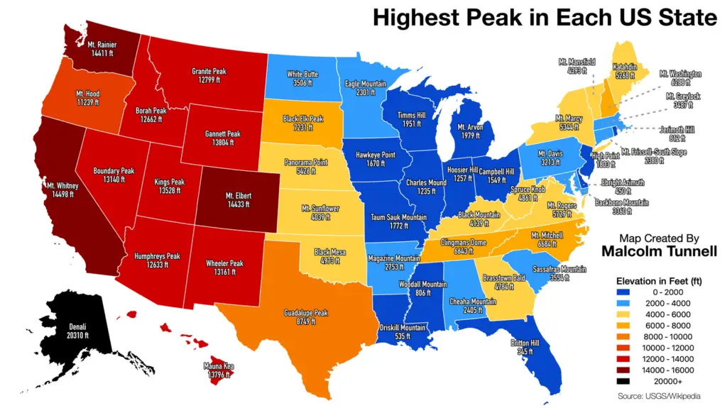 Map of the highest peak in every U.S. state