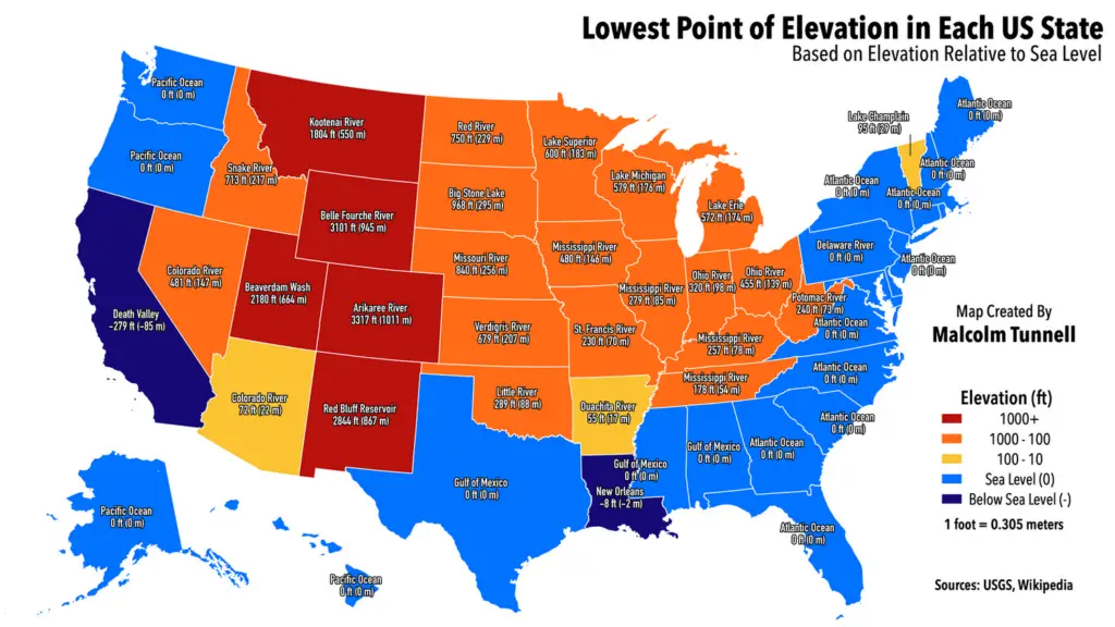 Lowest point of elevation in every U.S. state