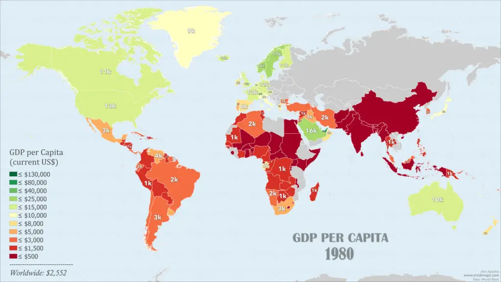 World map of GDP per capita in 1980