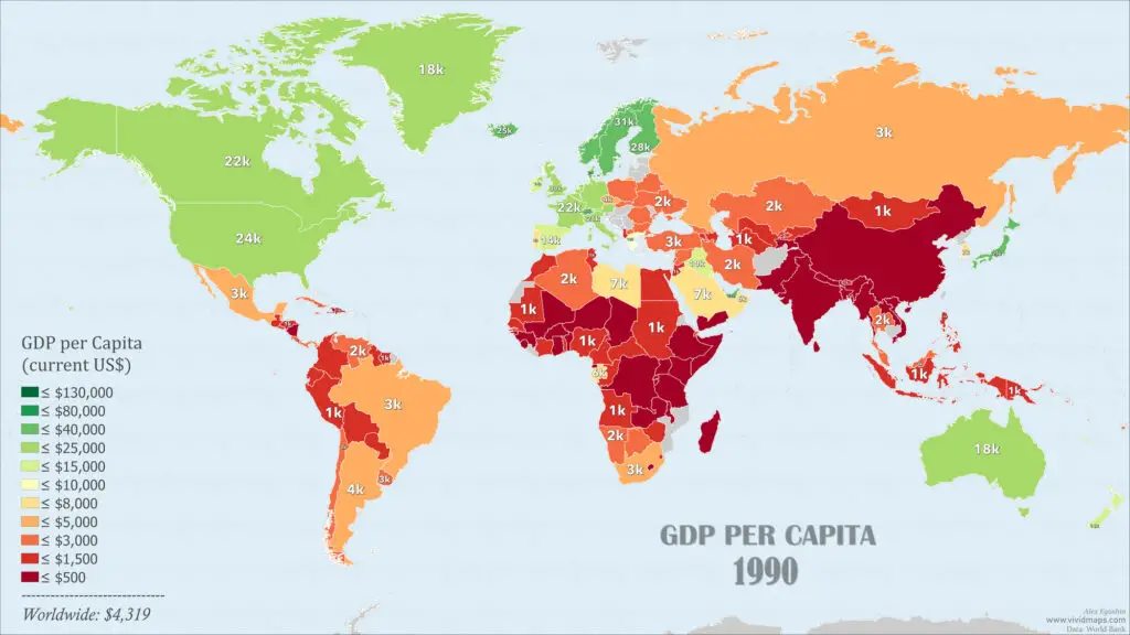 World map of GDP per capita in 1990