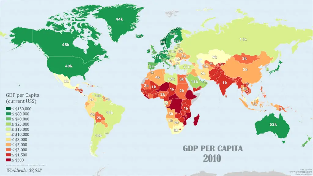 World map of GDP per capita 2010