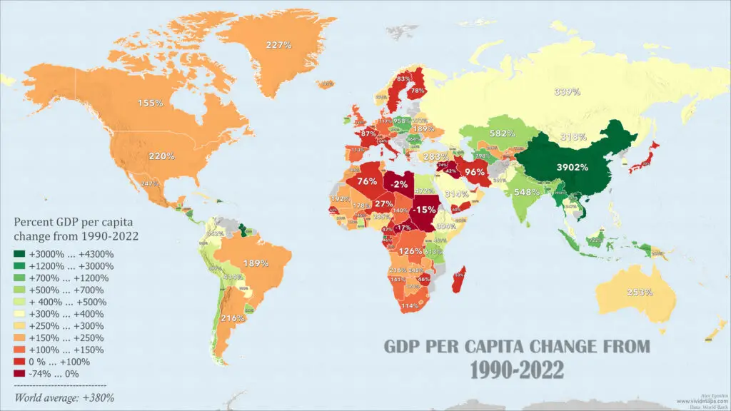 World map of GDP Per Capita Change from1990 to 2022