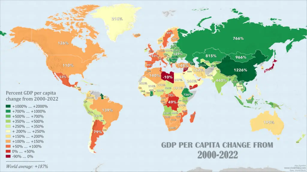 World map of GDP Per Capita Change from 2000 to 2022