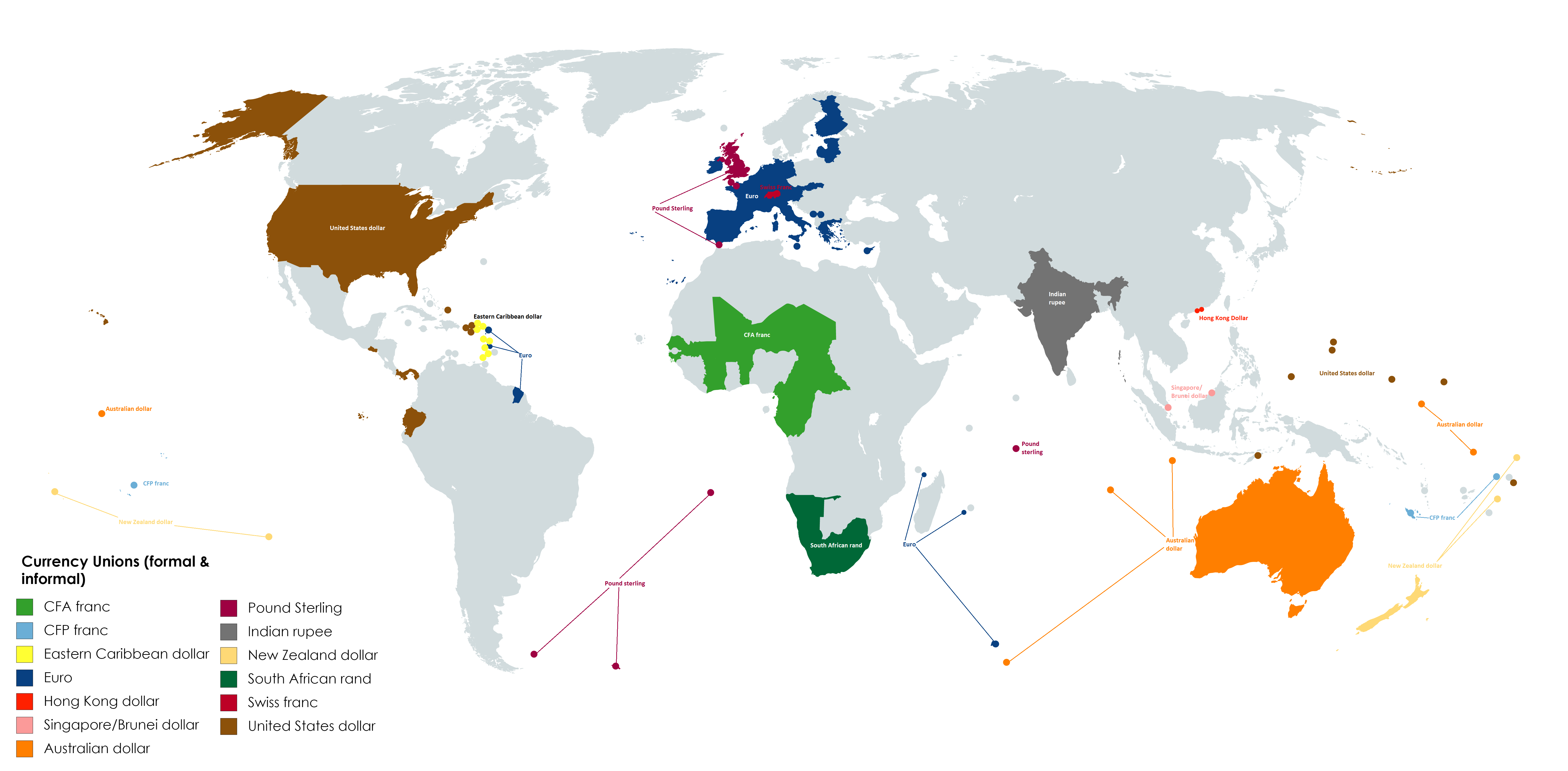 Mapped Currency Unions (formal and informal) Vivid Maps