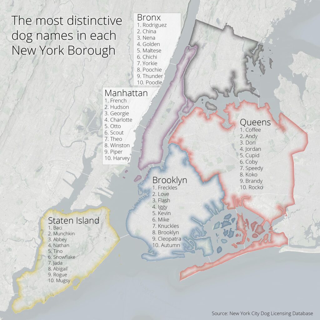 Most distinctive dog names per NYC borough