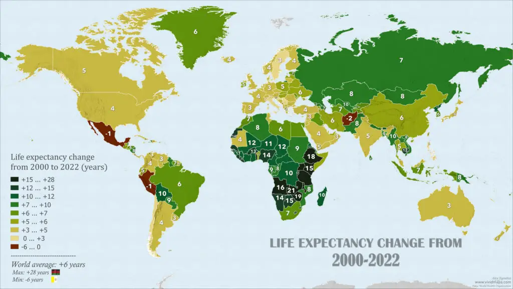 World map of the life expectancy change in years