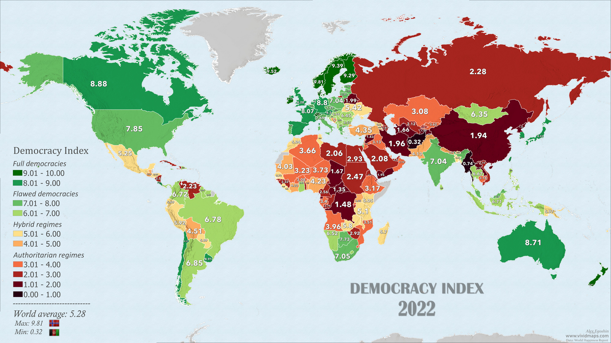 World map of Democracy Index in 2022