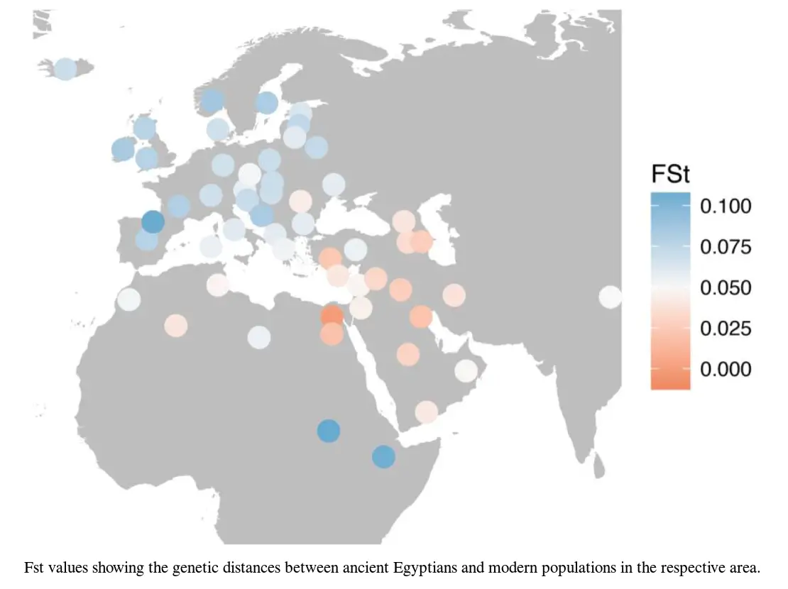 Genetic distances between ancient Egyptian mummy DNA and modern populations