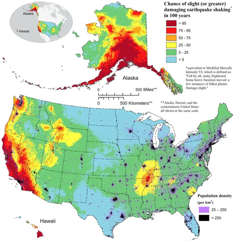 Chances of damaging earthquakes in the U.S. over the next century