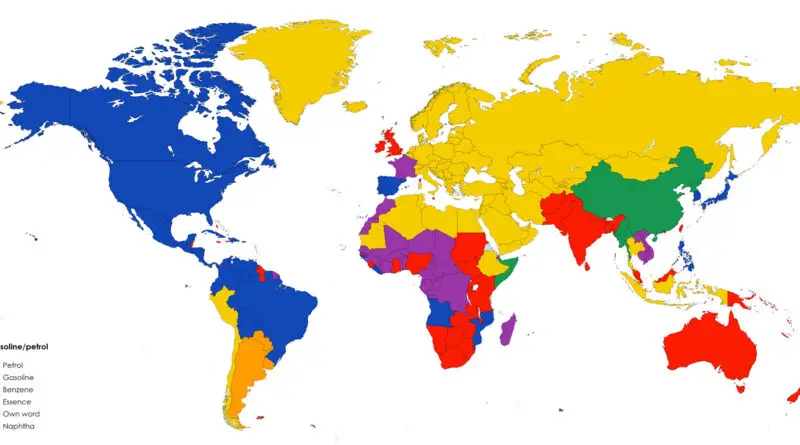 Different countries’ usage of gasoline/petrol/essence/benzene based on their native languages.