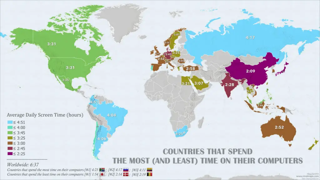 Countries that spend the most (and least) time on their computers