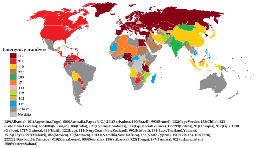 Emergency numbers world map