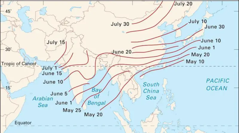 Average date on onset of the summer monsoon