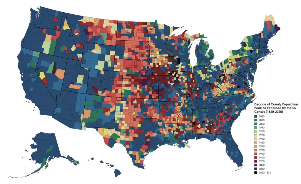 The Decade Every U.S. State and County Peaked in Population - Vivid Maps