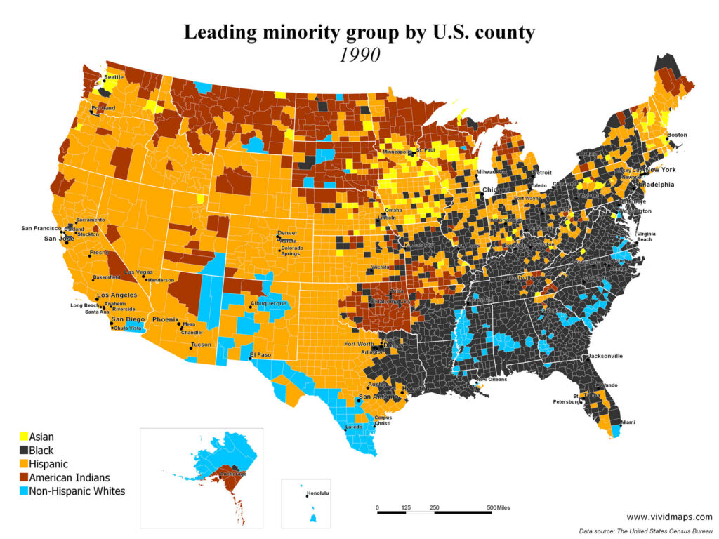 Leading Minority Group by U.S. county in 1990 mapped