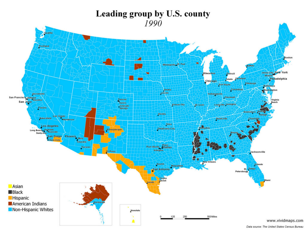 Leading group by U.S. county in 1990 mapped