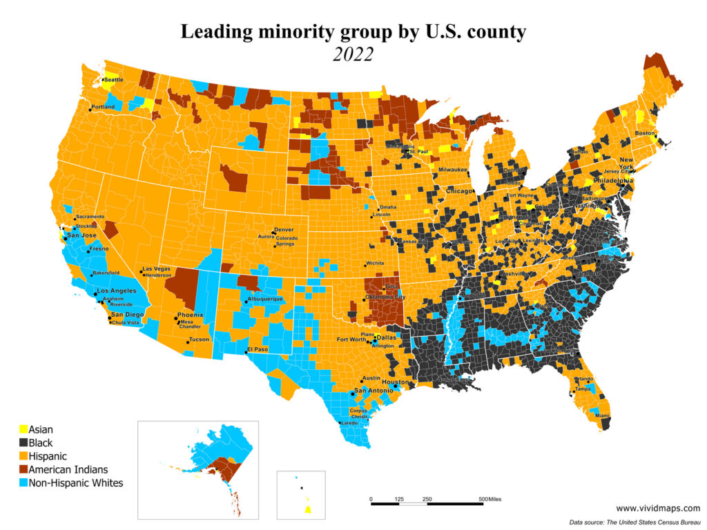 Leading Minority Group by U.S. county in 2022 mapped