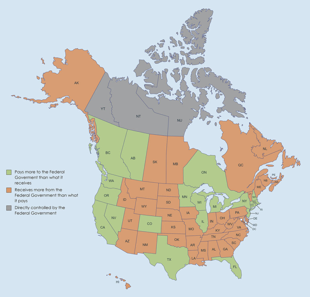 Map of contributors and receivers of the United States and Canada