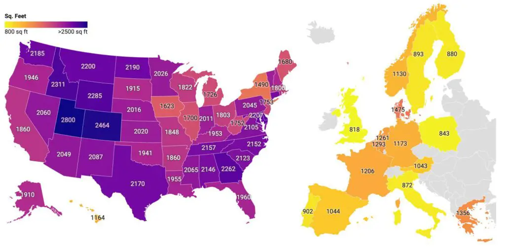 Maps of median dwelling size in the U.S. and Europe 