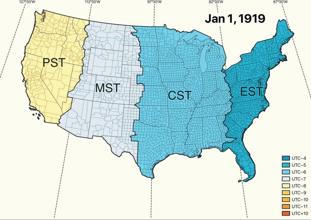 The map of the U.S. Time Zones in 1919