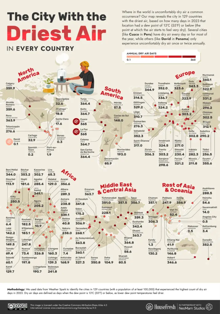 World map: The City With the Driest Air in Every Country