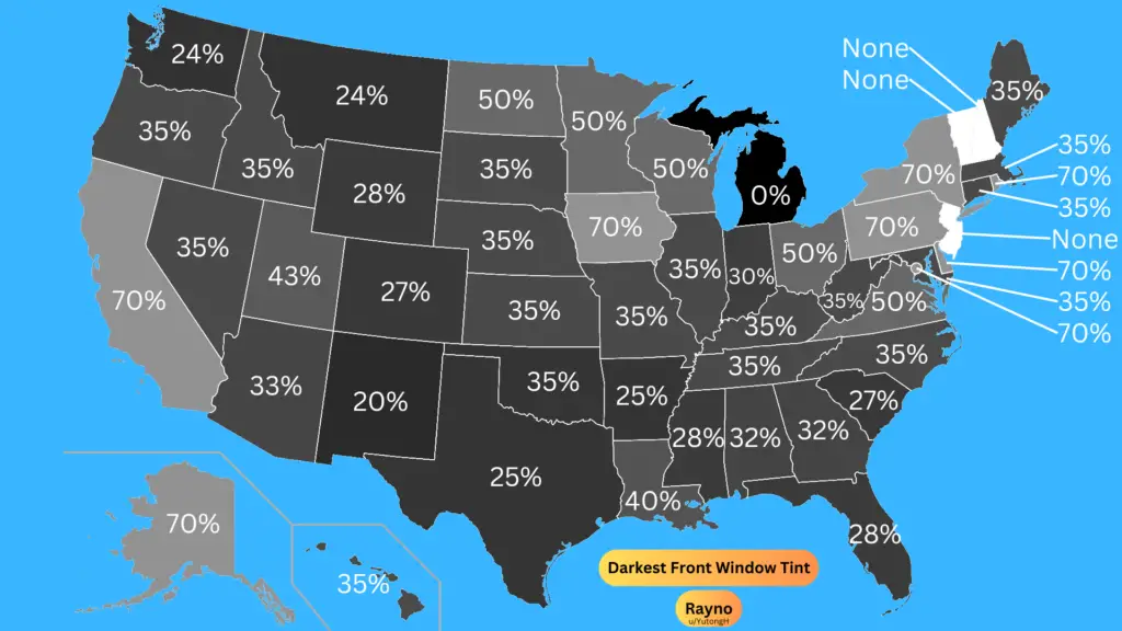 The U.S. map of the darkest front windows tint