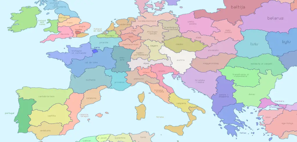 World Map Divided into 804 Zones of 10 Million People Each (Europe)