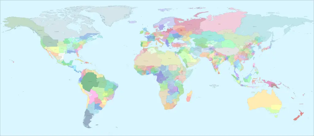 World Map Divided into 804 Zones of 10 Million People Each