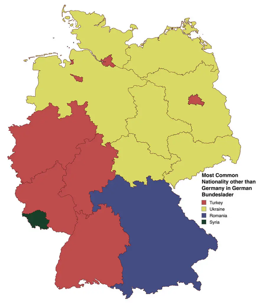 The most common nationality, other than German, in each state of Germany in 2024