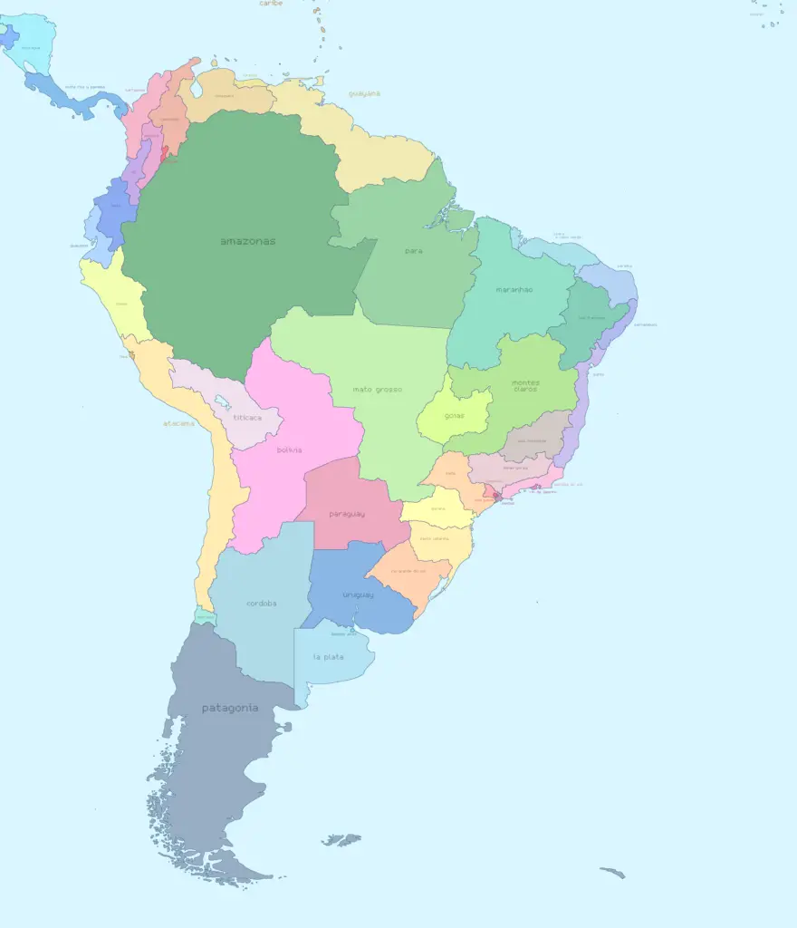 World Map Divided into 804 Zones of 10 Million People Each (South America)