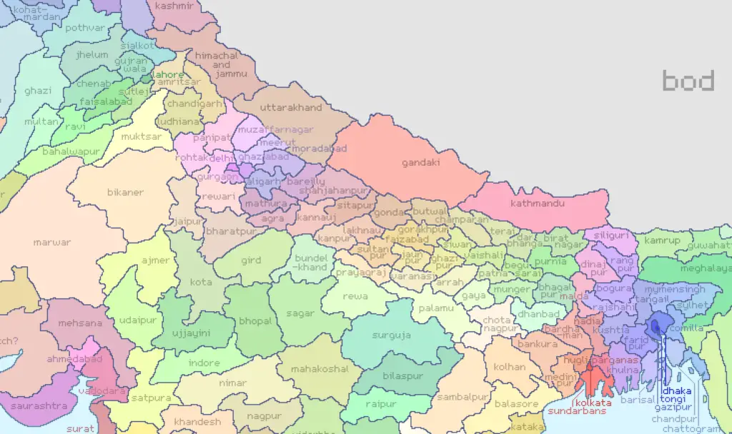 World Map Divided into 804 Zones of 10 Million People Each (South Asia)