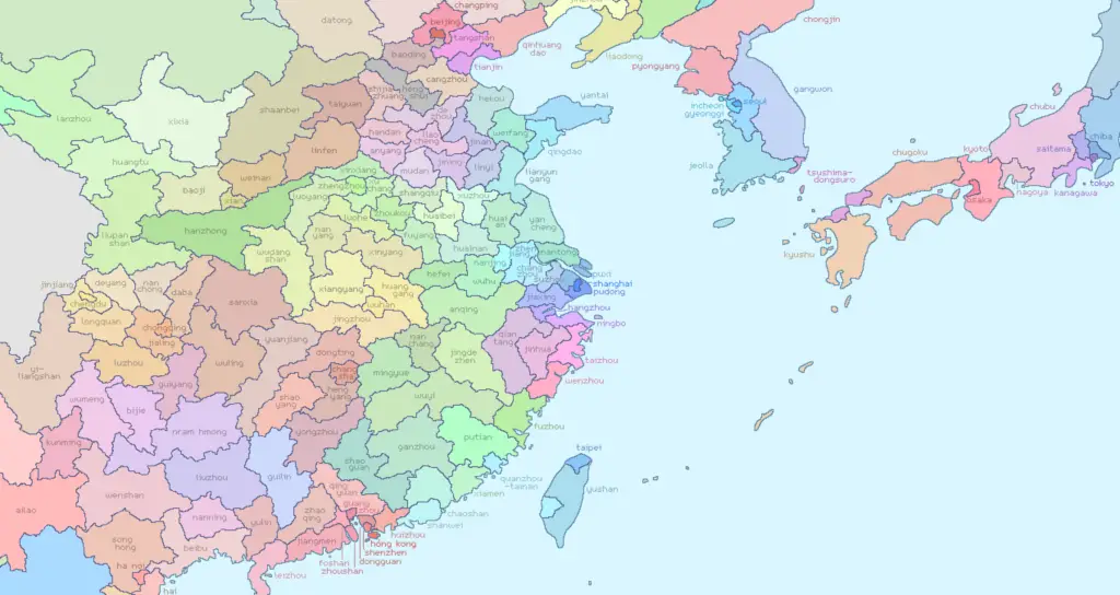 World Map Divided into 804 Zones of 10 Million People Each (East Asia)