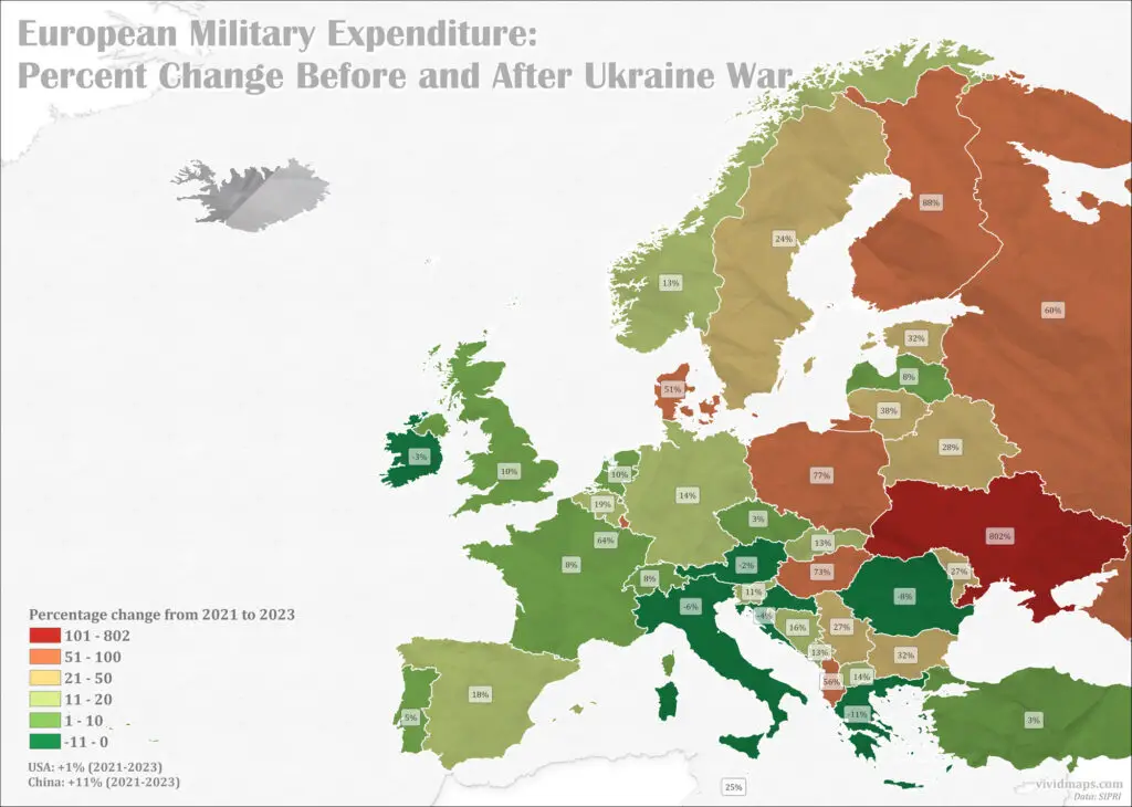 Map of European military expenditure-before and after Ukraine war