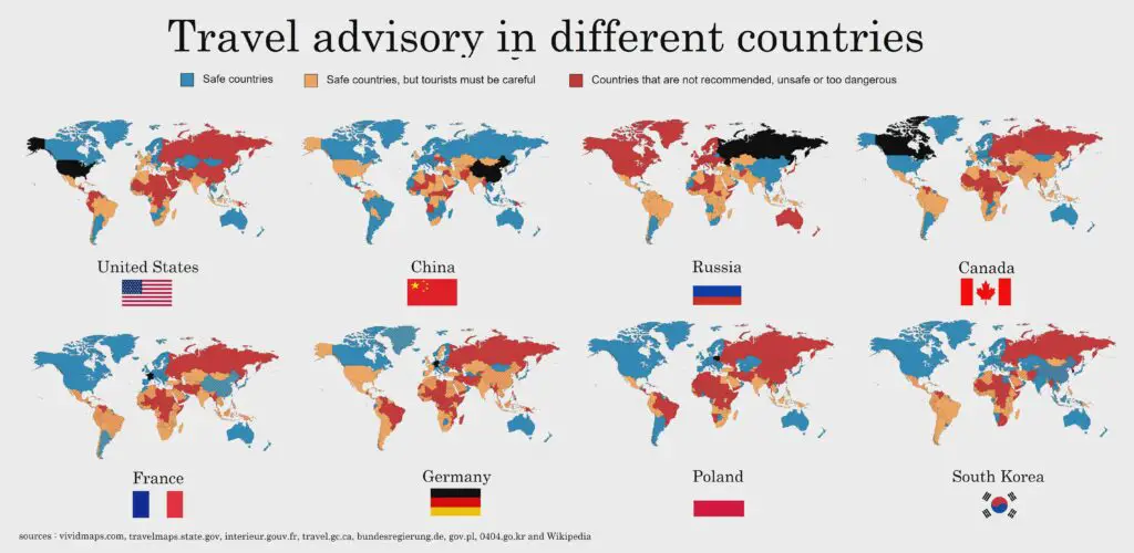 World map of travel advisory in different countries