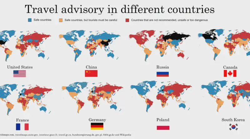 World map of travel advisory in different countries