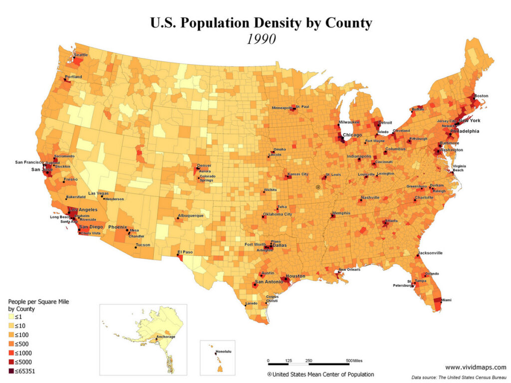 Population density by U.S. county in 1990 mapped