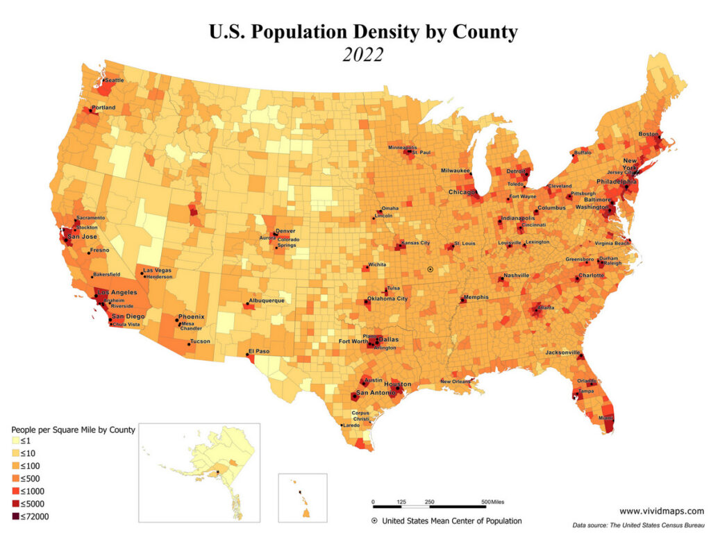 Population density by U.S. county in 2022 mapped